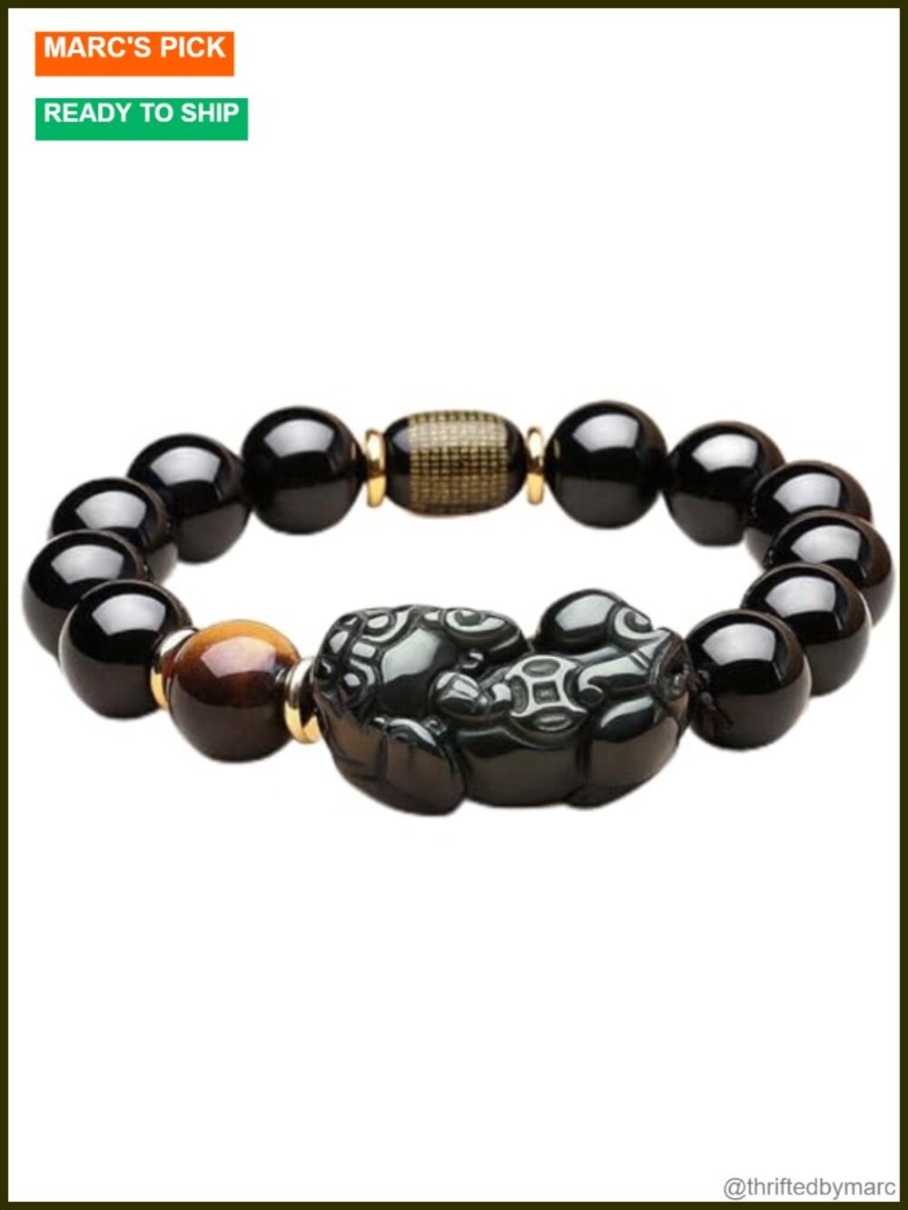 Black Obsidian Stretch Bracelet with Pixiu Tiger Eye, Natural Healing Crystal